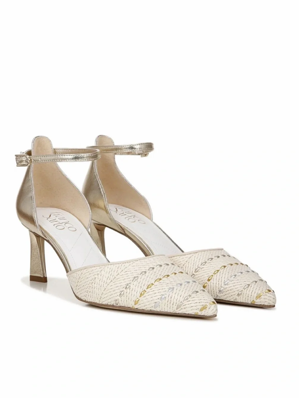 NEW Franco Sarto Taros Metallic Ankle Strap Pump SZ-9.5 White Tan
